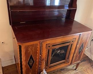 Victorian Ebony, Tiger maple, fruitwood inlaid mahogany  Wine Cabinet - rectangular lift-top.  England 1860 Circa.  $6000 FIRM