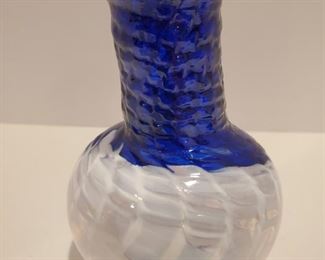 Blue & White Swirl Hinkle Blown Glass Vase (4.5") - Vintage