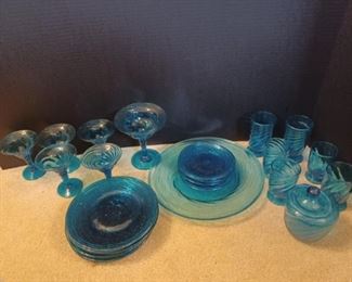 COLLECTION of Vintage Hand Blown BLUE SWIRL Optic Glasses and Dishes