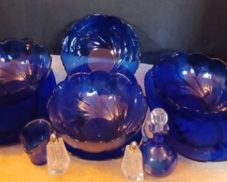 WONDERFUL Lot of Cobalt Blue Serving Pieces, Cruet with Faceted Stopper and More
