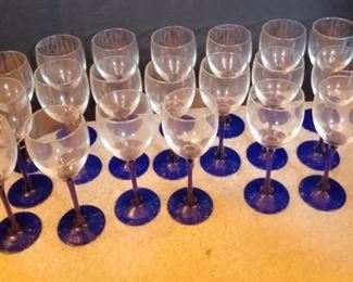 LOT OF 24 Clear Wine Glasses with Cobalt Blue Glass Stems 