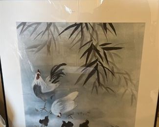 SPECTACULAR Original Nga Bui Katz "Chickens & Rooster" watercolor under glass