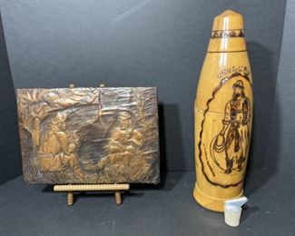 15” wooden thermos from Uruguay w/ spout, brass art work from Uruguay 11x8”