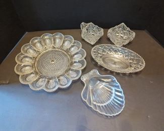 Glass Egg plate 11.25, Cream 3.5 sq, & Sugar 2.5sq set both 2.5" tall, two Nappy 