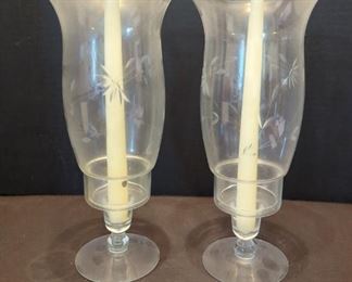 Set of 2 Vintage Crystal ETCHED Floral Design Hurricane Candle Holders 