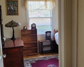 Dale Tiffany lamps, dresser and mirror  (antique). Book case and shelving units. Oriental carpet.  Maple bed, mattress (early 1950's) Very nice condition.