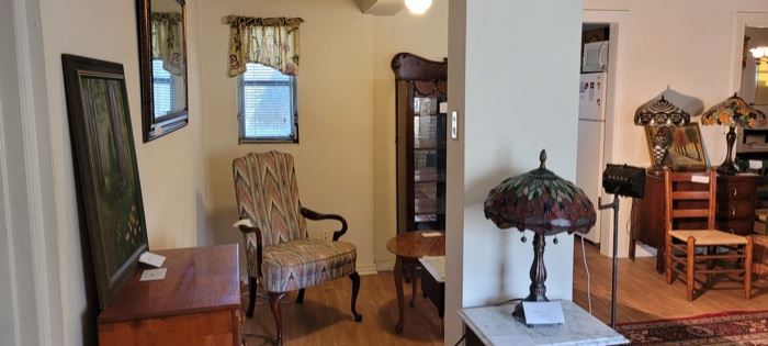 gooseneck Hickory chair , oak curio, Tiffany lamps, folk art original 1920s, oak cabinet(music).Lawyers bookcase, tiger wood oak curio and Secretary
