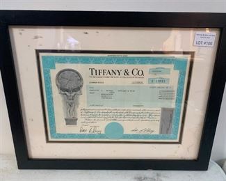 100 - Tiffany & Co. Stock Certificate, 1999, Framed Tiffany & Co. Stock Certificate, 1999, framed. One share of common stock

