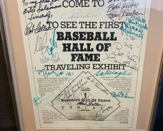 66 - Gillette Baseball Hall of Fame Traveling Exhibit 1981 Gillette Baseball Hall of Fame traveling exhibit framed flyer, to Artie Soloman with twelve signatures: Bob Feller, Nolan Ryan, Frank Robinson, Ernie Banks, Bob Gibson, Ralph Kiner, Johnny Vander Meer, Spud Chandler, Jow Sewell, Alan Ashby, Lee Lopez and Sal Maglie
