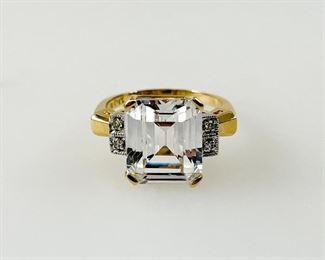 Fine 14K Yellow Gold Diamond & White Sapphire Modernist Cocktail Ring Size 6.75 