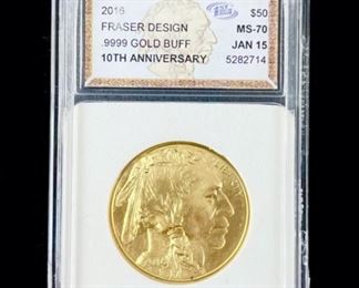 2016-F American Buffalo $50 .999 Gold 1 Oz. Coin Fraser Design MS-70 10th Anniversary
