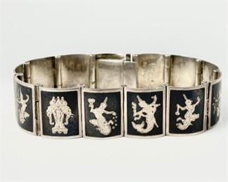 Fine Amfarco Siam Sterling Silver Enamel 6.5" Bracelet, 29 Grams