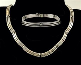 Fine Taxco Sterling Silver Art Deco Modernist Style 15" Necklace W/ Matching 7.5" Link Bracelet 