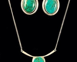 Fine Vivac 950 Silver Chrysocolla Clip On Earrings & Sterling Silver 16" Necklace, 23 Grams