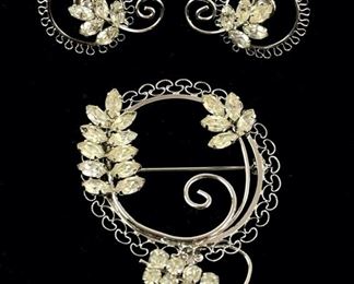 Fine D'or Sterling Silver Rhinestone Reticulated Screwback Earrings & Pin Brooch, 10 Grams
