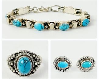 Fine Sterling Silver Turquoise 7.75Ó Bracelet, Pierced Stud Earrings, & Ring Size 7.5