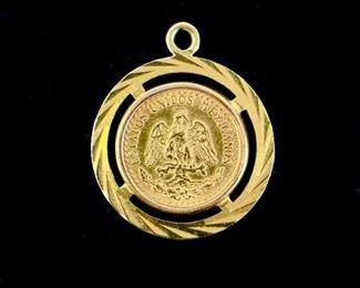 1945 Mexico Estados Unidos 2 Pesos 90% Gold Coin 14K Pendant, 3.1 Grams
