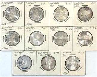 1970 & 1971 Germany Non-Circulating Commemorative 5 Deutsche Mark Silver Coins - Includes a total of 11 German 5 Marks struck in 11.2g of .625 Silver each