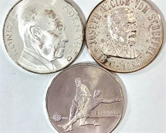 1967 Konrad Adenauer, 1986 Joseph Victor Von Scheffel, and Spain 1982 World Cup Silver Medallions - The Spain 1982 World Cup medallion is 15g and is marked .999 Silver. The Konrad Adenauer and Joseph Victor von Scheffel medallions are unmarked, but are 14.1g and 14.6g of unknown Silver compositions.Coins