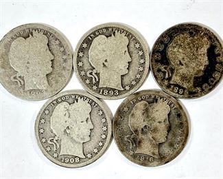 1893, 1895, 1908-D, & 1916-D Barber Quarters 90% Silver Coins - Each was struck in 6.25g of .900 Silver. Includes two 1893 examples but one of each of the other years.