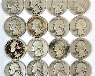 1940-1943 Washington Quarters 90% Silver Coins - Each was struck in 6.25g of .900 Silver. Years include: 1940 x5, 1941 x8, 1941-S, 1942-S, and 1943 for a total of 16 quarters