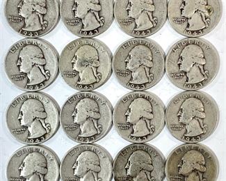 1943 & 1944 Washington Quarters 90% Silver - Each was struck in 6.25g of .900 Silver. Years include: 1943 x9, 1943-D x4, and 1944 x3 for a total of 16 quarters. 