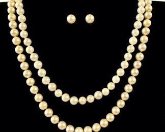 Fine 14K & 9K Gold Clasp Cultured Freshwater Pearl Knotted 16" Necklaces & 14K Pierced Stud Earrings 