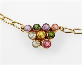 Fine 18K Yellow Gold Multi-Gemstone Cluster Pendant 17" Necklace 