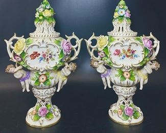 Fancy Antique German Classical Sitzendorf Dresden Cherub & Floral Porcelain Urns