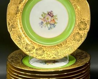 Set Of Eleven Limoges French Hand Painted Gold & Green Floral Decrative Plates 