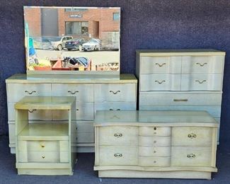 Vintage Art Deco MCM Mid Century Modern 5 Piece Bedroom Set - Side Table, Tall Dresser, Dresser with Mirror, and Trunk 