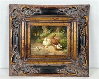 Original Oil Painting on Board. Duck Scene in Wood Fancy Gilt Framed