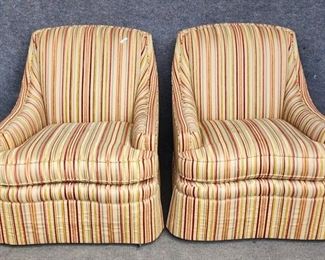 Pair 20th Century Sherrill Furniture Upholstered Lounge Chairs Striped Silk & Velvet