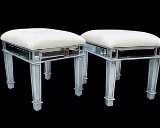 Pair Mirrored Upholstered Stool Ottoman Hollywood Regency Style 