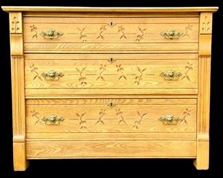 Antique Oak Hand carved 3 Drawer Chest Fantastic Brass lion Head pulls