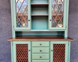 Vintage Stepback Cupboard with Wood Lattice Work 5 Drawer 4 Drawer 