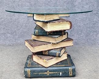Vintage Faux Book Painted Plaster Glass Top Side Table