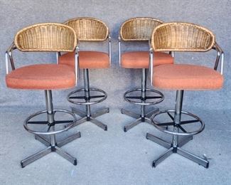 FANTASTIC Vintage MCM Mid Century Modern Rattan Chrome upholstered swivel Bar Stools