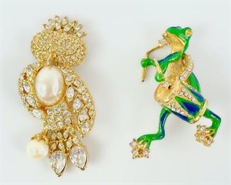 Vintage Hattie Carnegie & S Gold Tone Enamel Faux Pearl Rhinestone Figural Frog Drummer & Owl Pin Brooches