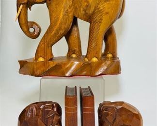 LOVELY CARVED WOODEN ELEPHANT 12 inch tall Statue & ELEPHANT BOOKENDS 
