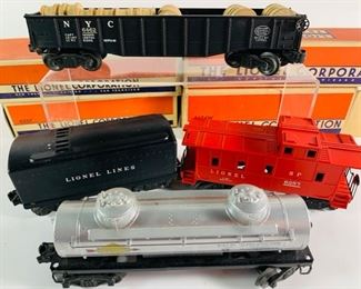 Lionel Electric Model Train Cars - Caboose, Tanker Car, Gondola Car, and Tinder Car, All in Great Condition In Original Boxes 