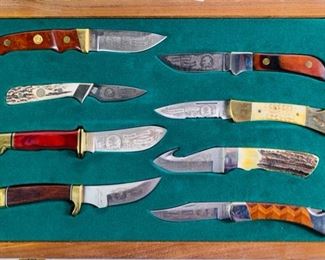 North American Hunting Club Hunting Heritage Collection Knives In Display Case ncludes 8 Different Hunting Knifes All Engraved With Hunting Heritage Collection and The North American Hunting Club Life Member Badge, Great Wooden, Bone and Antler Handles All Hand Made - Includes 8 Different Hunting Knifes All Engraved With Hunting Heritage Collection and The North American Hunting Club Life Member Badge, Great Wooden, Bone and Antler Handles All Hand Made
