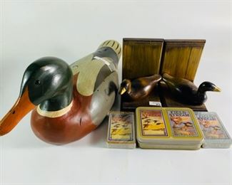 Vintage Handmade Wooden Duck Decoy and Duck Themed Bookends and Playing Cards - Playing Cards Are Factory Sealed 1986 Field and Stream Cards in Original Tin, Bookends Are Handmade Sitting Ducks, All Items In Great Condition