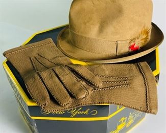 Vintage Dobbs Hats New York Genuine Suede Leather Fedora and Suede Gloves - In Original Box,