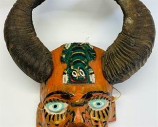 Vintage Handmade Guerrero Mexican Folk Art Wooden Face Mask With Real Rams Horns 