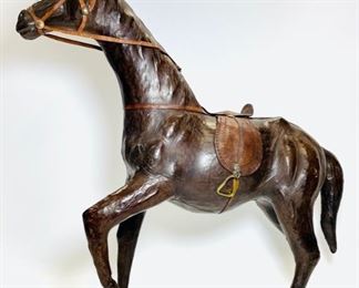 Vintage 21" Leather Horse Statue W Glass Eyes