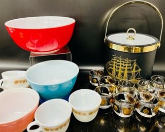 MCM Pyrex Mixing Bowls Lot, Ice Bucket. Glasses Lot