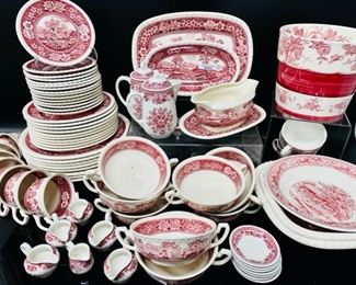 Villeroy & Boch SAAR German Red Transferware Lot. Includes: Dinner Plates, Salad Plates, Tea Cups And Saucers, Trays, Serving Dishes And More