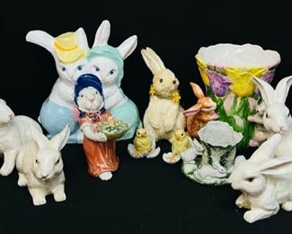 Easter Bunny Assorted Lot. Includes Bunny Figurines, Papermache Hugging Bunnies, Flower Pot And Much More