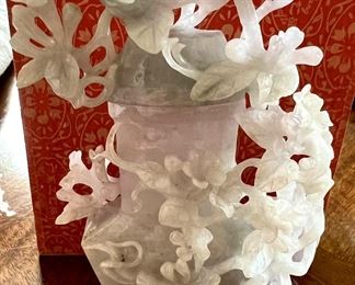 Intricately Carved Jade Floral Bird covered vase/vessel. Opaque icy White Celadon
Original  Box